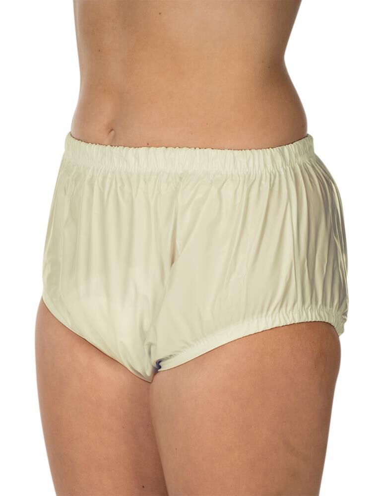 Beige PVC-Slip. Elastischer Bund und Beinabschlüsse. Blick von der Seite.