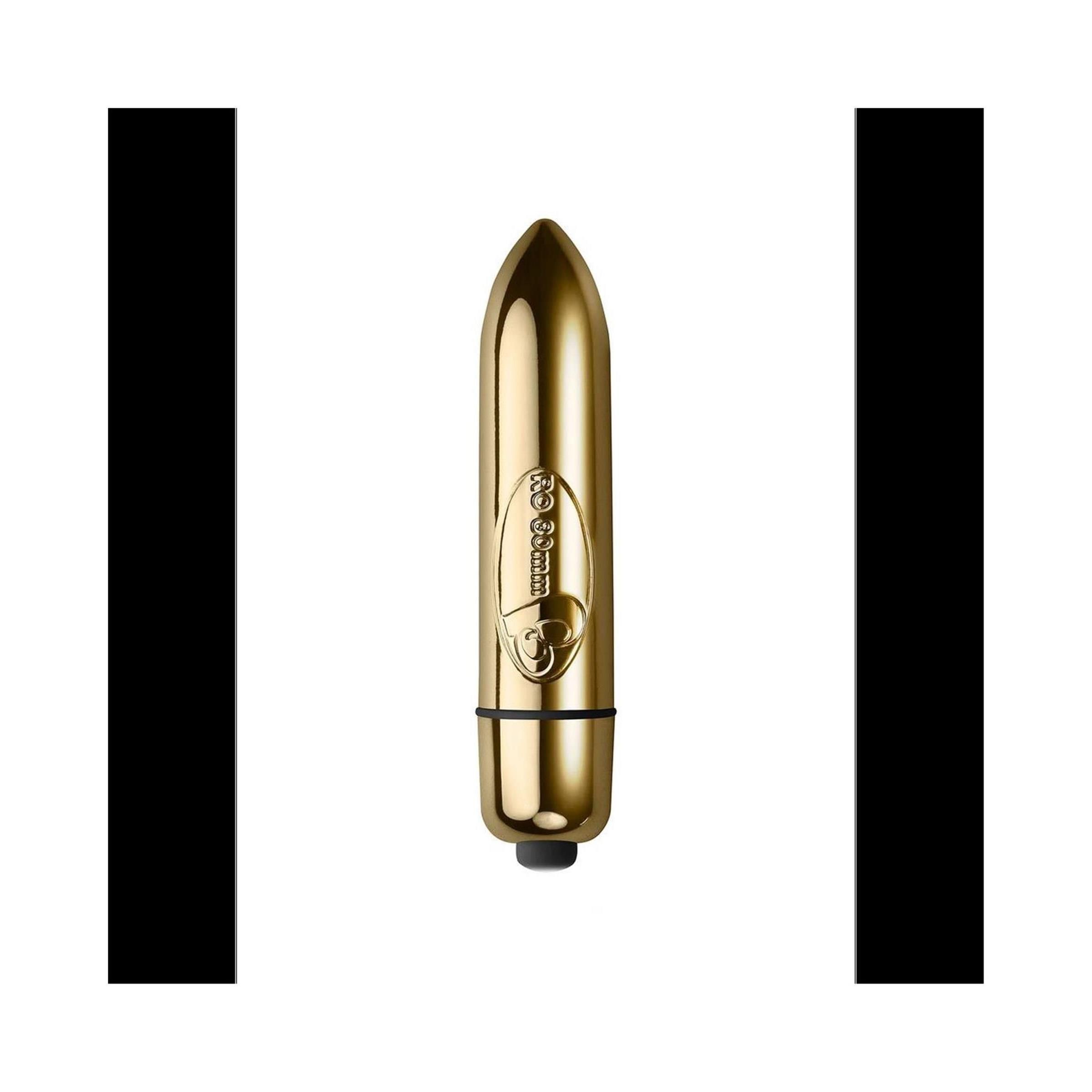 Goldfarbenes, zylindrisches Produkt mit schwarzem Ende. Mit Logo.