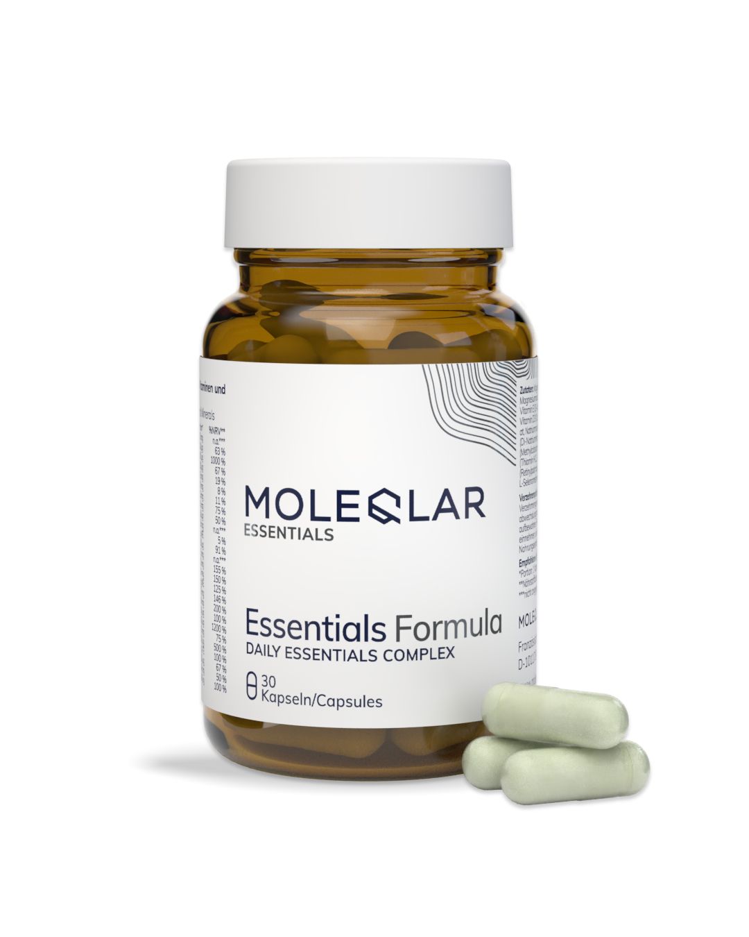 Braune Glasflasche mit weißem Deckel, gefüllt mit 30 Kapseln. Etikett zeigt 'MOLEQULAR ESSENTIALS Essentials Formula DAILY ESSENTIALS COMPLEX'.