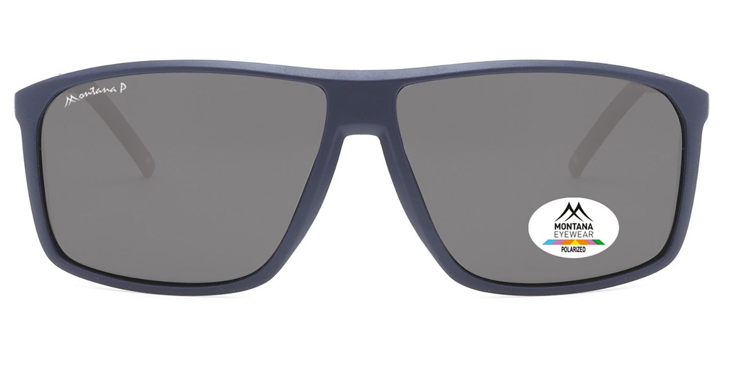 Dunkelblaue Sonnenbrille mit grauen Gläsern. Montana Eyewear-Logo oben links. Polarisiert-Aufkleber unten rechts.