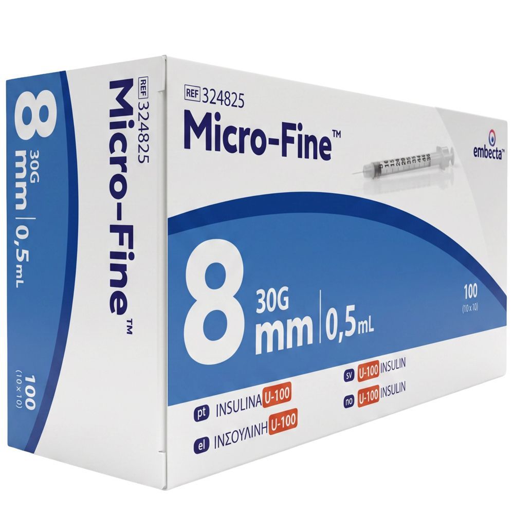 Verpackung mit 100 Embecta Micro-Fine Insulinspritzen, 0,5 ml, 30G, 8 mm.