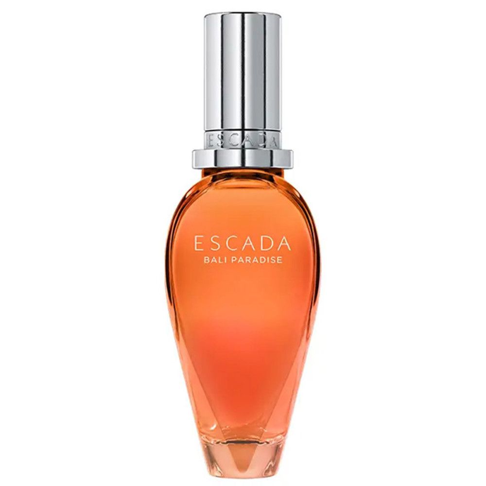 Escada Bali Paradise EdT Nat. Spray, Flakon. Orangefarbener Flakon mit silbernem Verschluss.