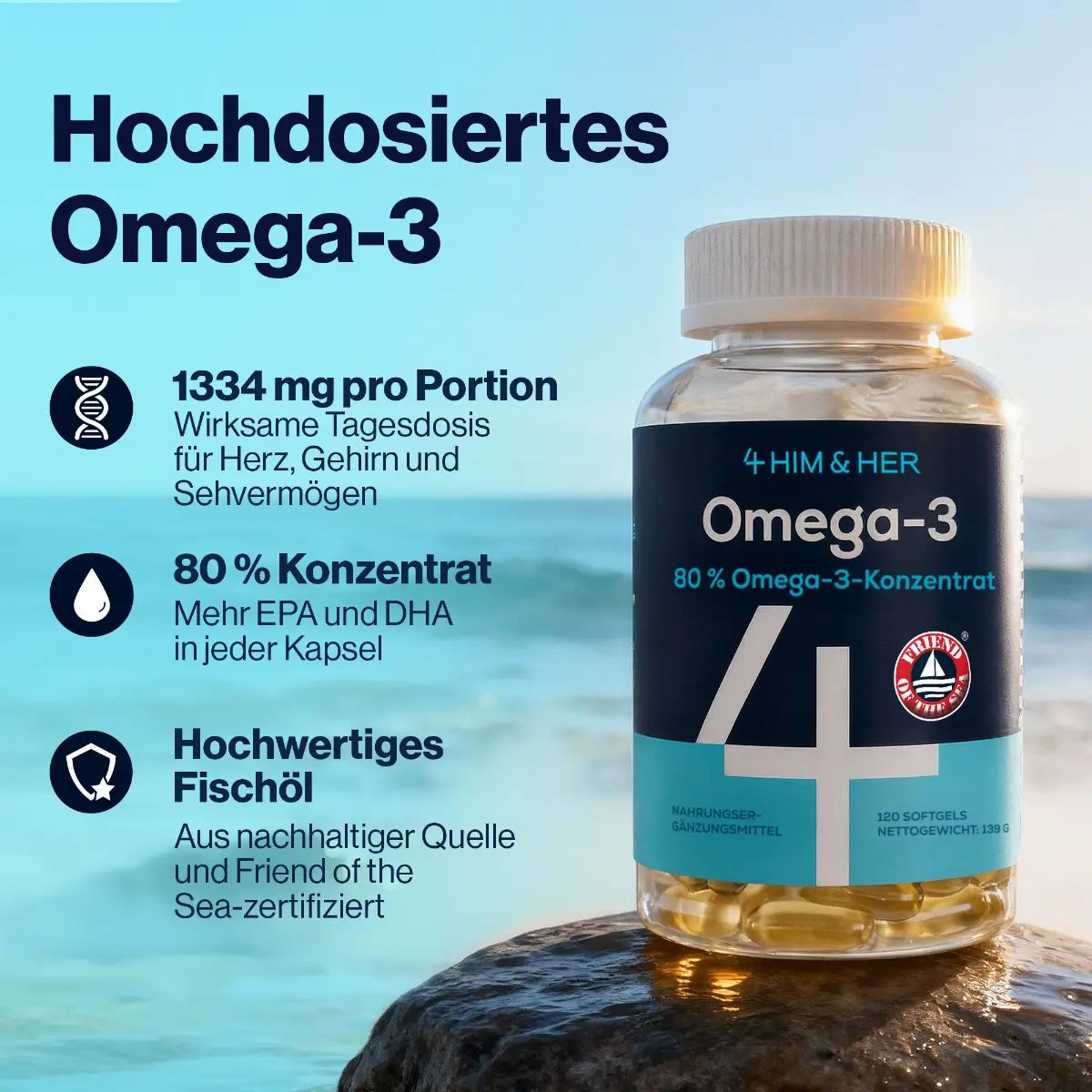 4 HIM & HER Omega 3 Hochdosiert – 80% Konzentrat – 1334 mg