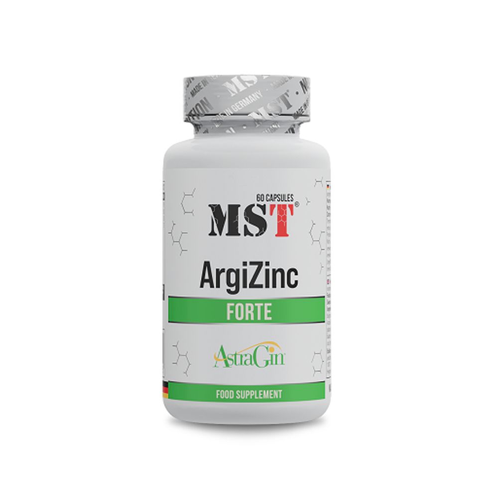 Weiße Flasche mit Kapseln. Aufschrift: MST ArgiZinc Forte, 60 Kapseln, AstraGin. Grüner und roter Streifen. Deckel mit Logo.