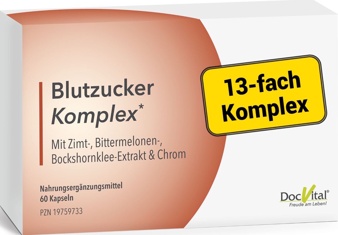 Verpackung 'Blutzucker Komplex' von DocVital. Nahrungsergänzungsmittel mit 60 Kapseln.