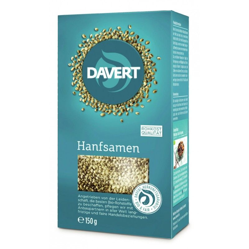 Türkisgrüne Verpackung mit Davert-Logo und Hanfsamen-Abbildung. Text: Hanfsamen, Rohkost Qualität, 150g. Bio-Siegel.