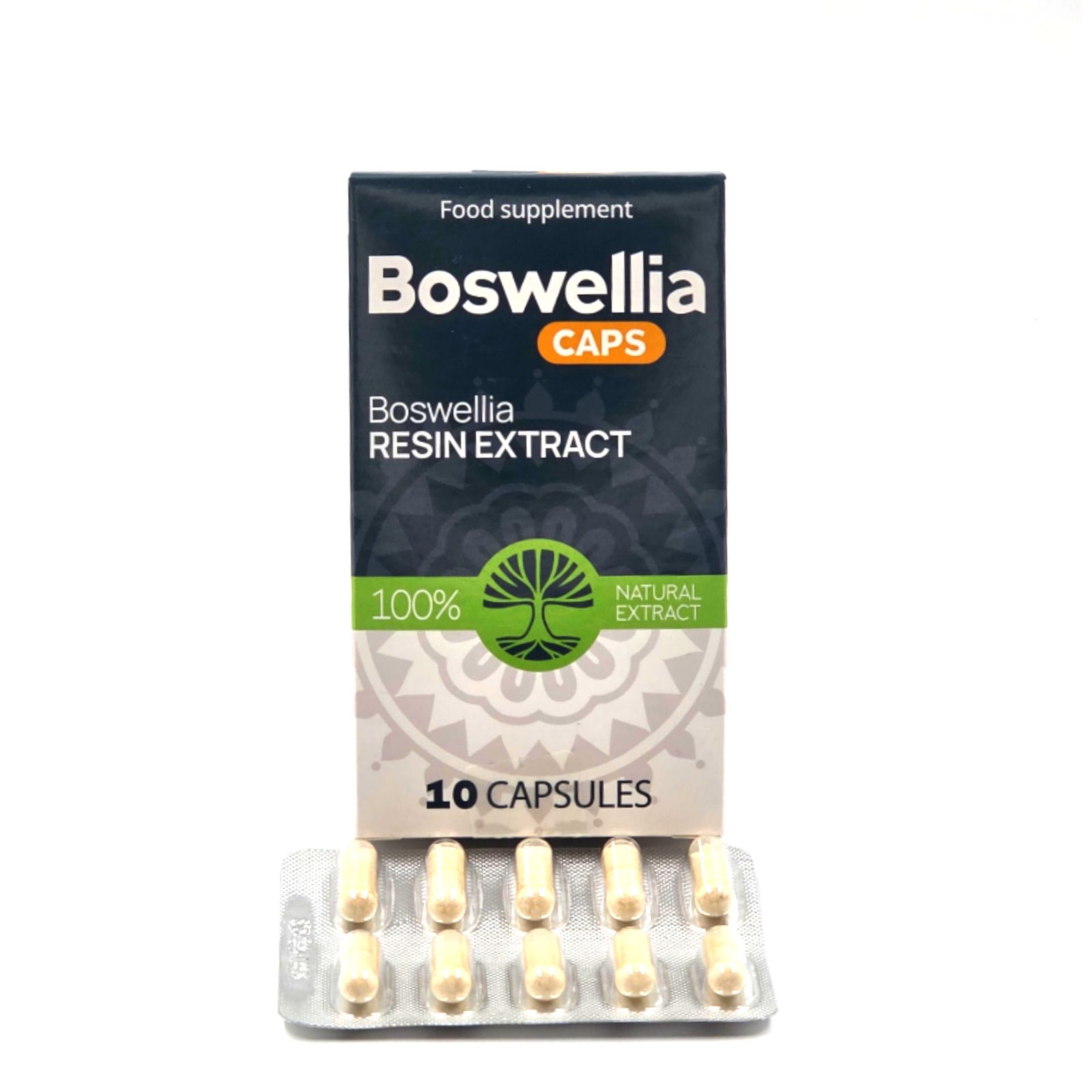 Kartonverpackung mit Produktnamen und Schriftzug "CAPS". Blisterpackung mit 10 Kapseln. Aufdruck "Boswellia Resin Extract".