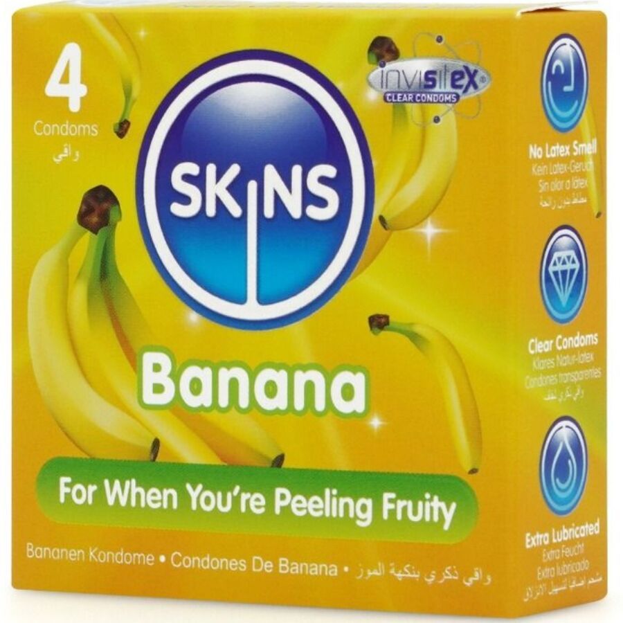 Verpackung mit vier Kondomen. Aufdruck: SKINS Banana. Gelbe Verpackung mit Bananen-Illustrationen. Text: For When You're Peeling Fruity.