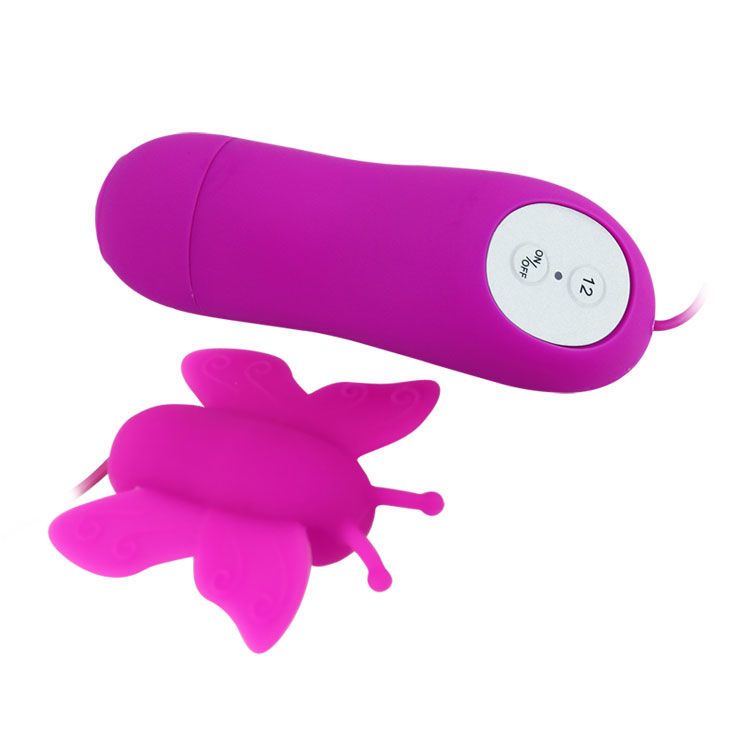 Lila Stimulator mit Schmetterlingsform und Fernbedienung. Fernbedienung mit ON/OFF-Knopf und 12 Einstellungen.