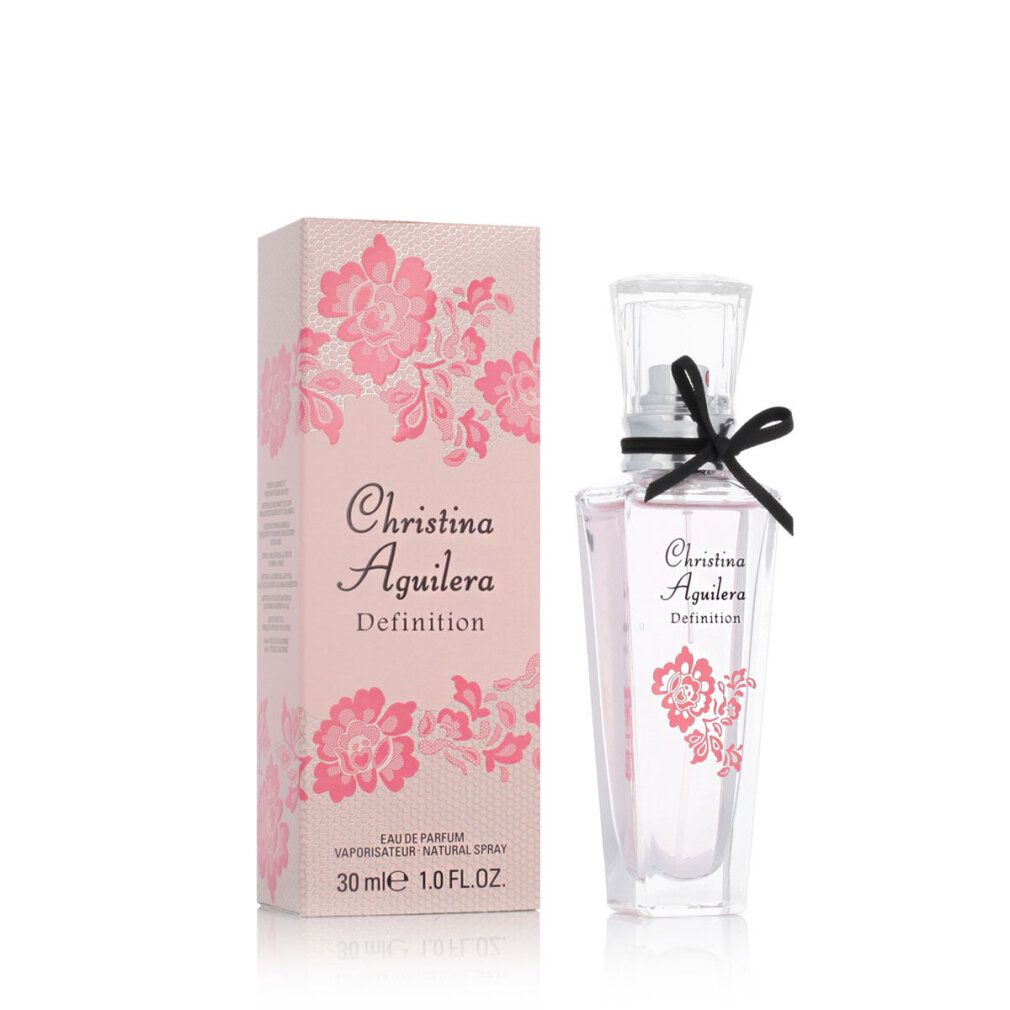 Parfümflakon und Verpackung. Flakon mit rosa Flüssigkeit, schwarzer Schleife. Verpackung mit floralem Muster und Aufschrift.