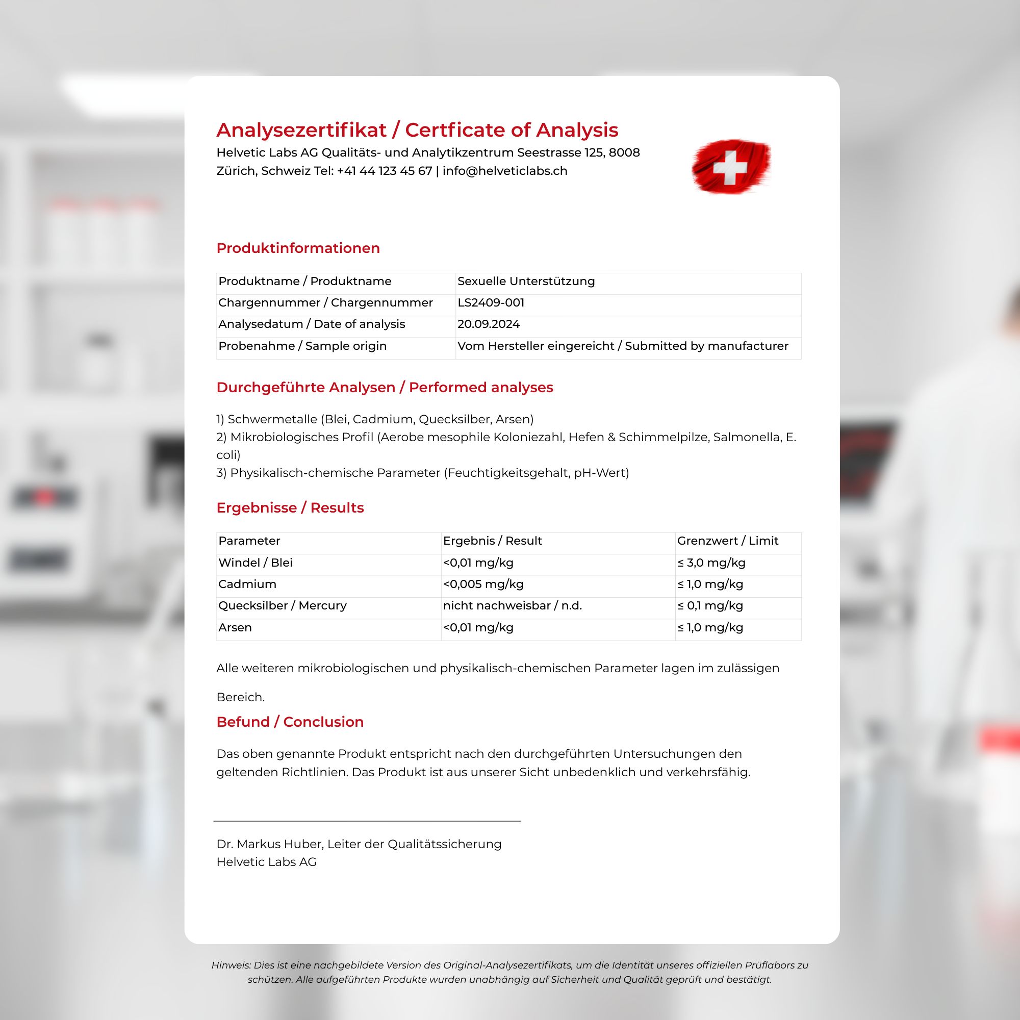 Analyse Zertifikat. Text: Sexuelle Unterstützung. Ergebnisse: Schwermetalle, Quecksilber, Arsen. Swiss Made.