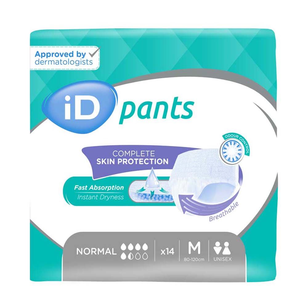 Verpackung iD Pants Normal M. Aufdruck: "Approved by dermatologists", "Complete Skin Protection", "Fast Absorption", "Instant Dryness", "Normal", "x14", "M", "Unisex".