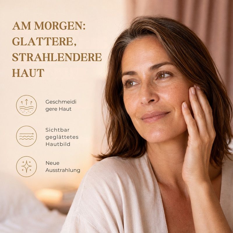 Frau mit glatter, strahlender Haut, die sich berührt. Icons zeigen geschmeidigere Haut, geglättetes Hautbild und neue Ausstrahlung.
