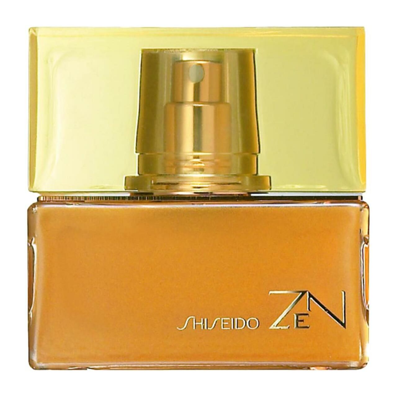 Goldfarbener Flakon mit Sprühkopf und gelbem Deckel. Aufschrift: Shiseido Zen.