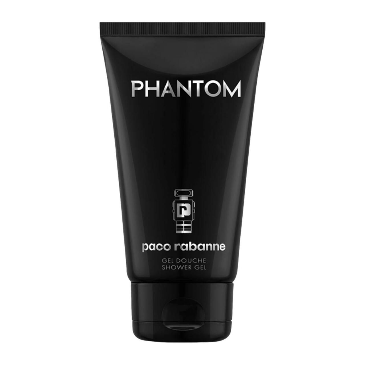 Schwarze Tube Paco Rabanne Phantom Duschgel. Logo und Schriftzug.