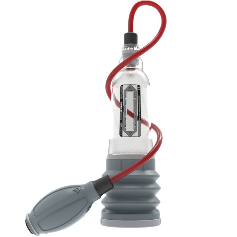 Transparente Pumpe mit rotem Schlauch und grauer Pumpe. Skala auf der Pumpe sichtbar.