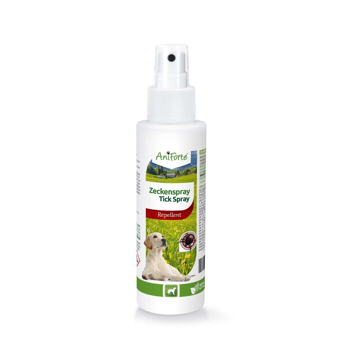 Weiße Sprühflasche mit AniForte-Logo und Text. Zeckenspray-Etikett mit Hund und Zecke. Repellent-Aufschrift.