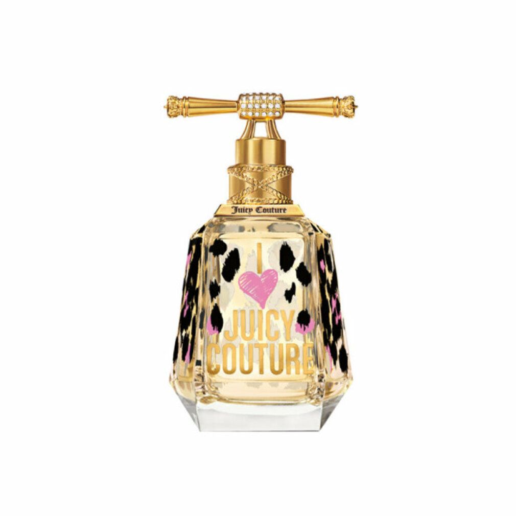 Juicy Couture Eau de Parfum Spray Flakon. Transparenter Flakon mit Leopardenmuster, goldener Verschluss und rosa Herz.