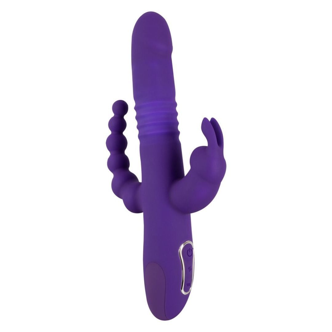 Lila Vibrator mit geriffelter Oberfläche, Perlenreihe und Hasenohren-Design. Auf weißem Hintergrund.