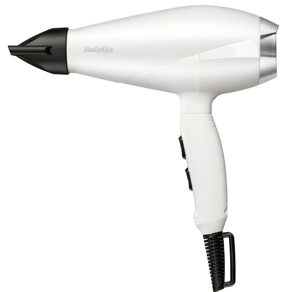 Weißer Haartrockner mit schwarzem Aufsatz und Griff. Marke BaByliss. Zwei Schalter am Griff.