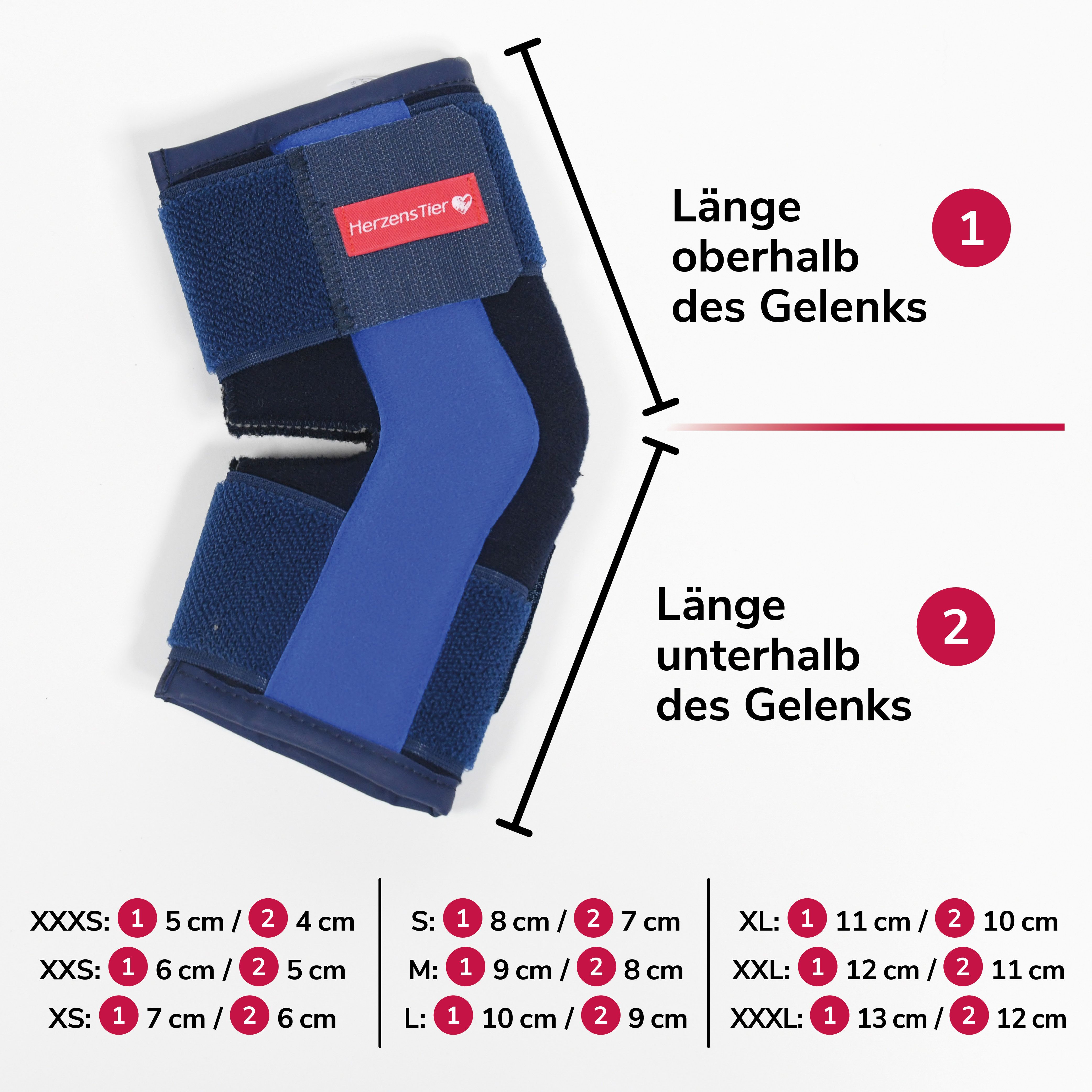 Blaue Sprunggelenkbandage. Größenangaben mit Längen oberhalb und unterhalb des Gelenks in cm.