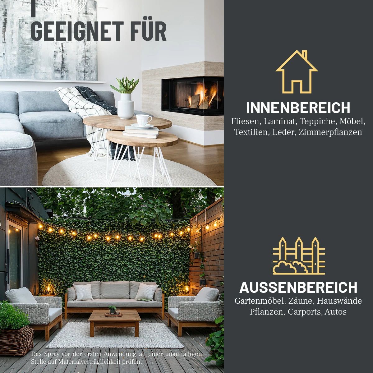 Innen- und Außenbereich. Innenbereich: Fliesen, Laminat, Teppiche, Möbel. Außenbereich: Gartenmöbel, Zäune, Hauswände.