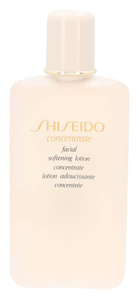 Beige Flasche mit weißem Deckel. Aufschrift: Shiseido, concentrate, facial softening lotion concentrate, lotion adoucissante concentrée.
