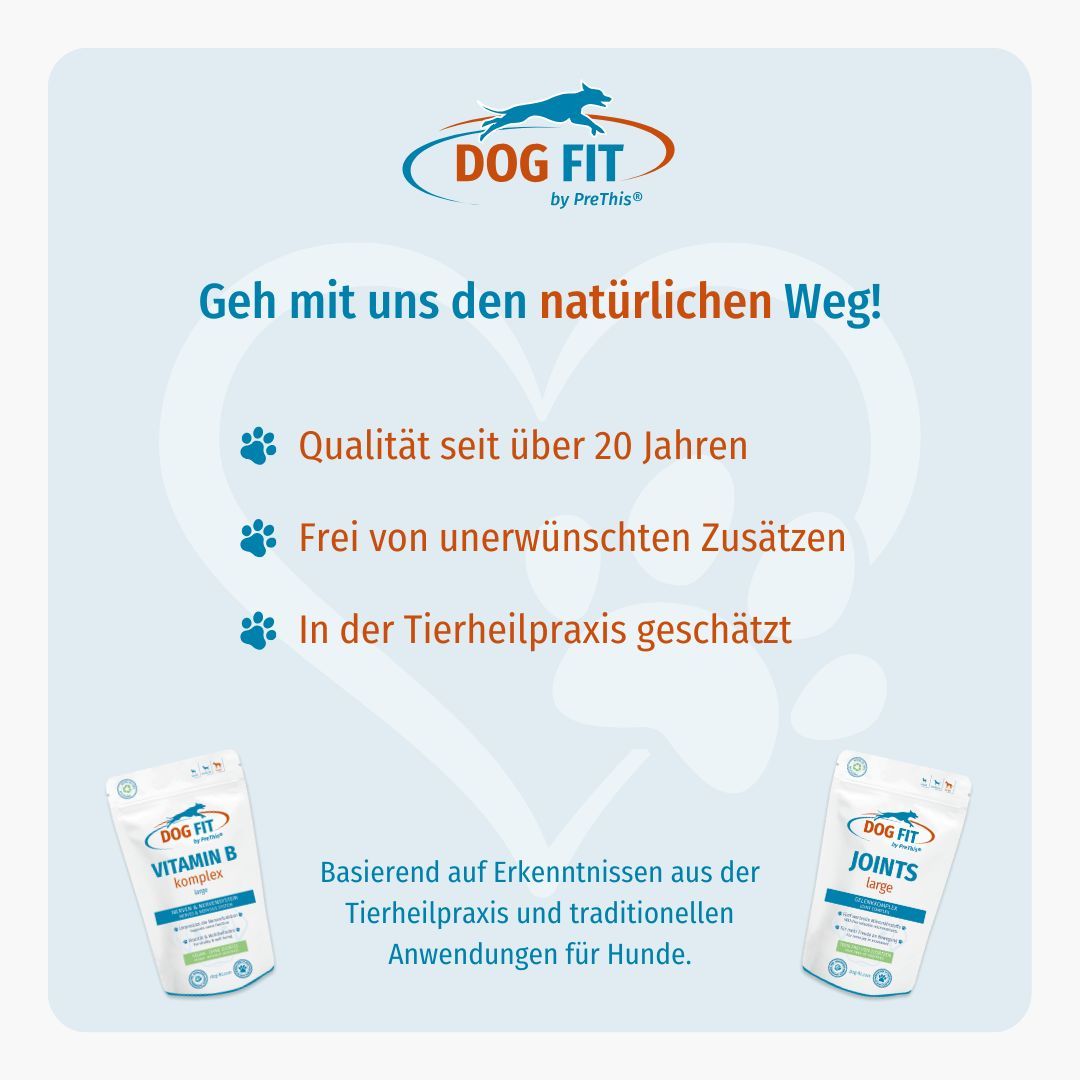 DOG FIT by PreThis® Logo mit Text. Darunter: 'Qualität seit über 20 Jahren', 'Frei von unerwünschten Zusätzen', 'In der Tierheilpraxis geschätzt'.