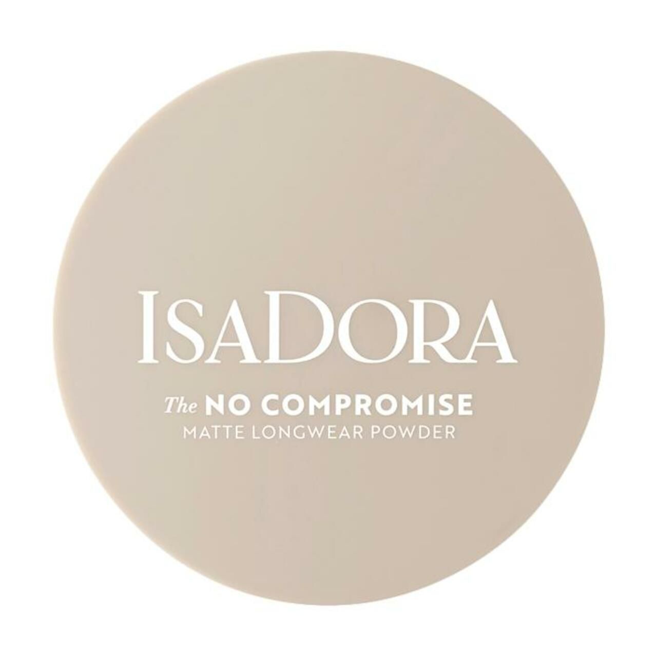 Runder, beiger Deckel. Marke IsaDora, Schriftzug. Produktbezeichnung: The No Compromise Matte Longwear Powder.