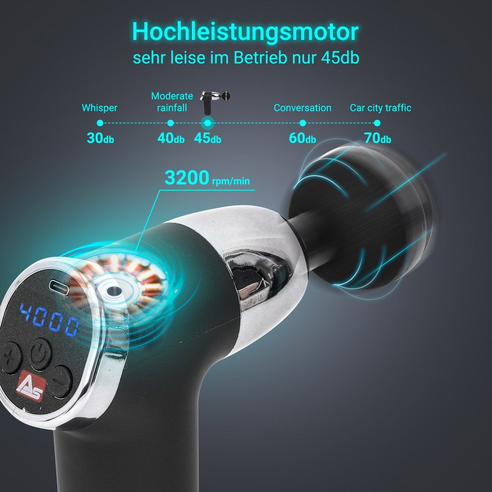 Detailansicht einer schwarzen Massagepistole mit Anzeige von 4000 U/min und Geräuschpegel.