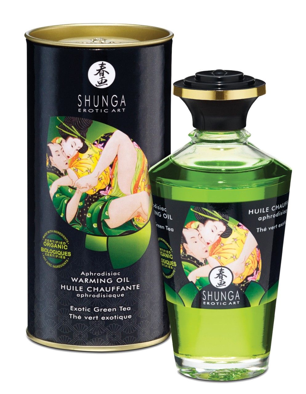 Grüne Ölflasche neben Dose. Aufdruck: SHUNGA, Abbildung von Personen. Text: Aphrodisiac Warming Oil, Exotic Green Tea. Grünes Öl sichtbar.