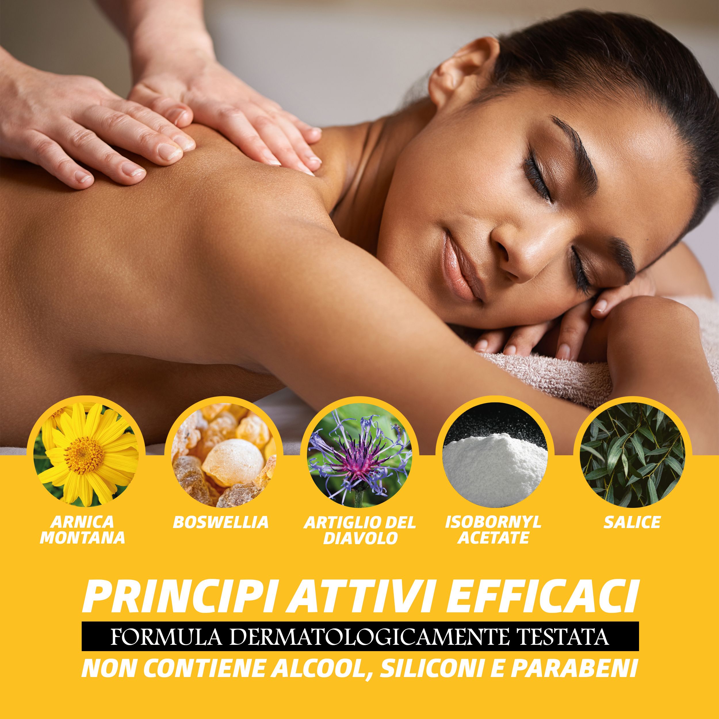 Frau auf dem Bauch liegend, Rückenmassage. Gelbe Kreise mit Inhaltsstoffen: Arnika, Boswellia, Artiglio del diavolo, Isbornylacetat, Salice.