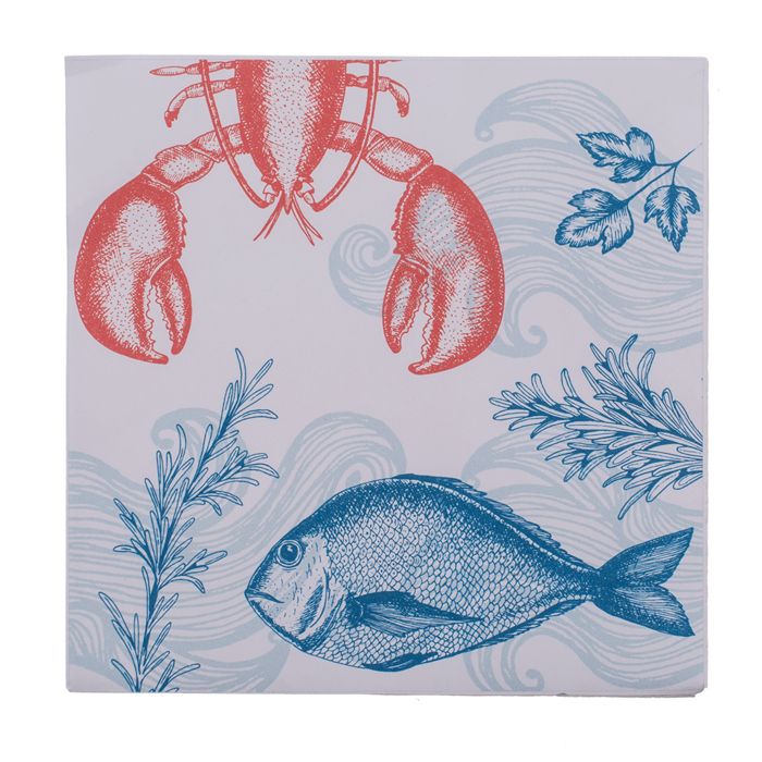 Quadratische Papierserviette mit Hummer, Fisch und Meeresmotiven. Einzelansicht, flach.