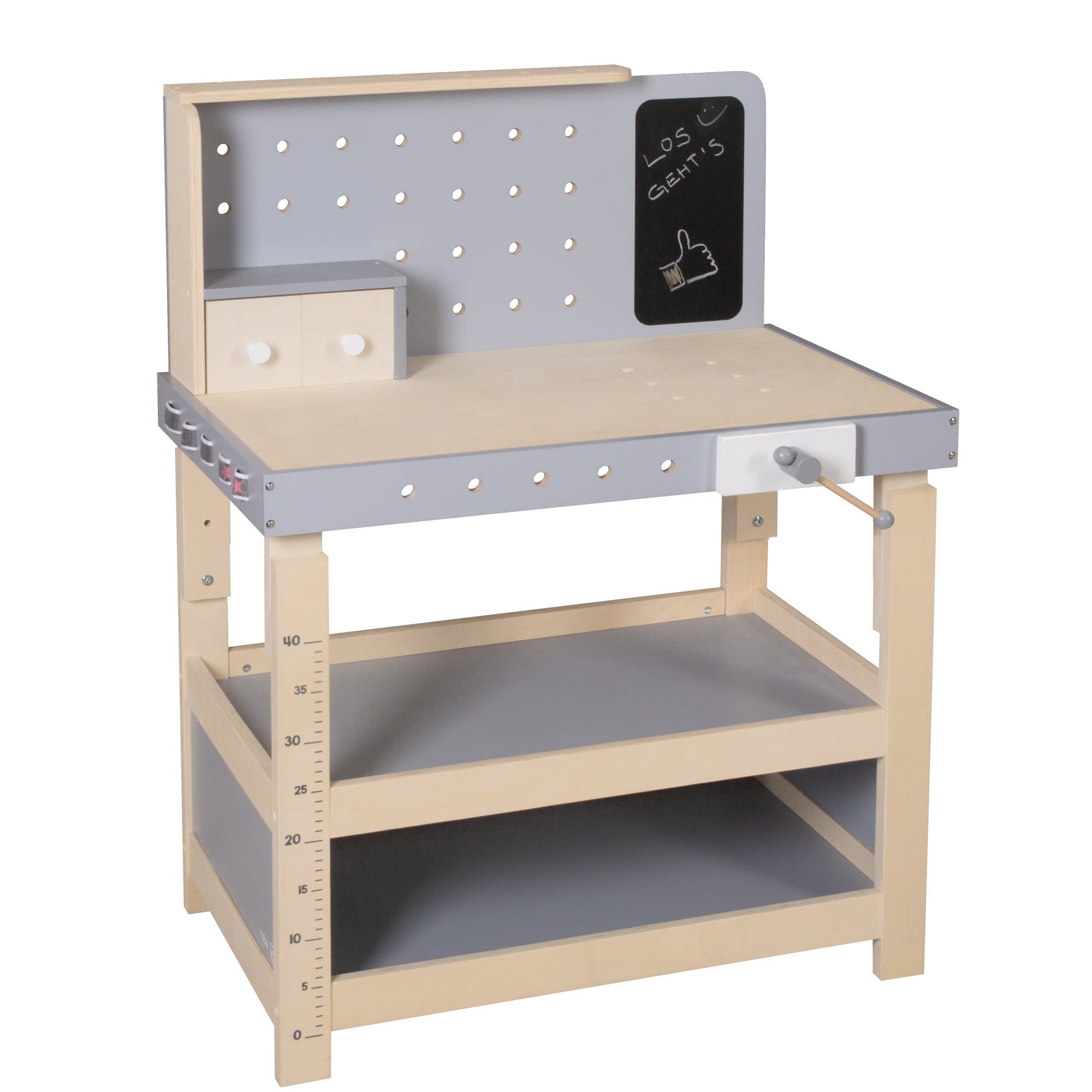Werkbank aus Holz. Graue und helle Holzelemente. Mit Tafel und Lochwand. Verstellbare Höhe. Zwei Regale.
