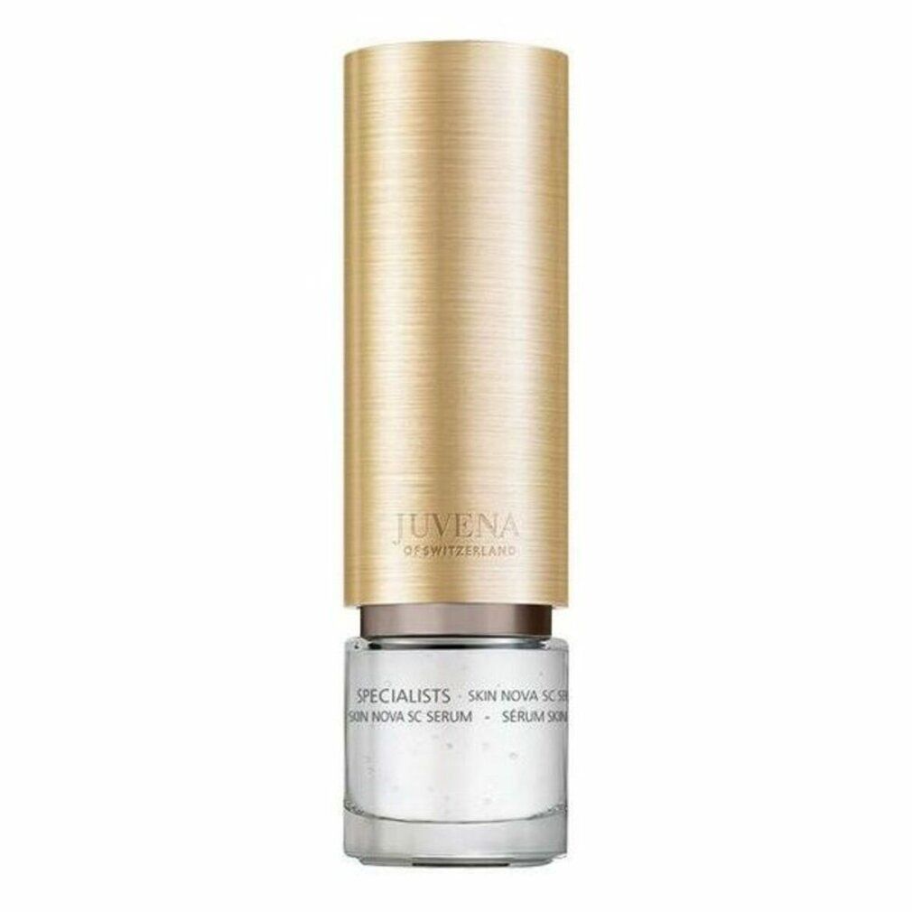 Zylindrische Flasche mit goldfarbenem Deckel. Aufschrift: Juvena, Skin Specialists, Skin Nova SC Serum.