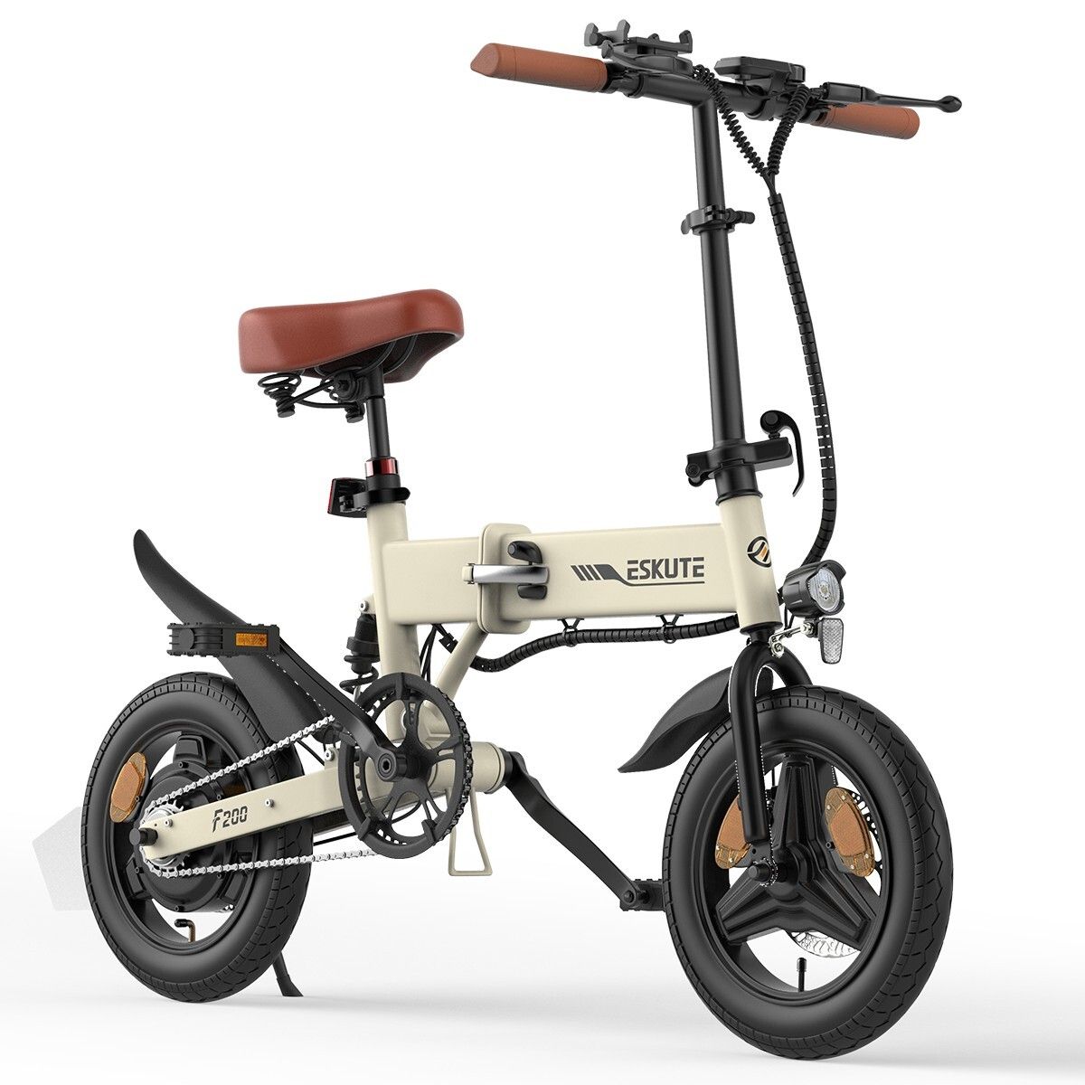 Faltbares Elektrofahrrad. Beige Rahmen, brauner Sattel und Lenker. Schwarze Reifen und Schutzbleche. Marke ESKUTE.