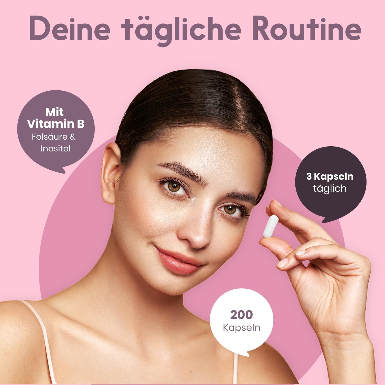 Frau hält Kapsel, Sprechblasen zeigen "Mit Vitamin B, Folsäure & Inositol", "3 Kapseln täglich", "200 Kapseln".