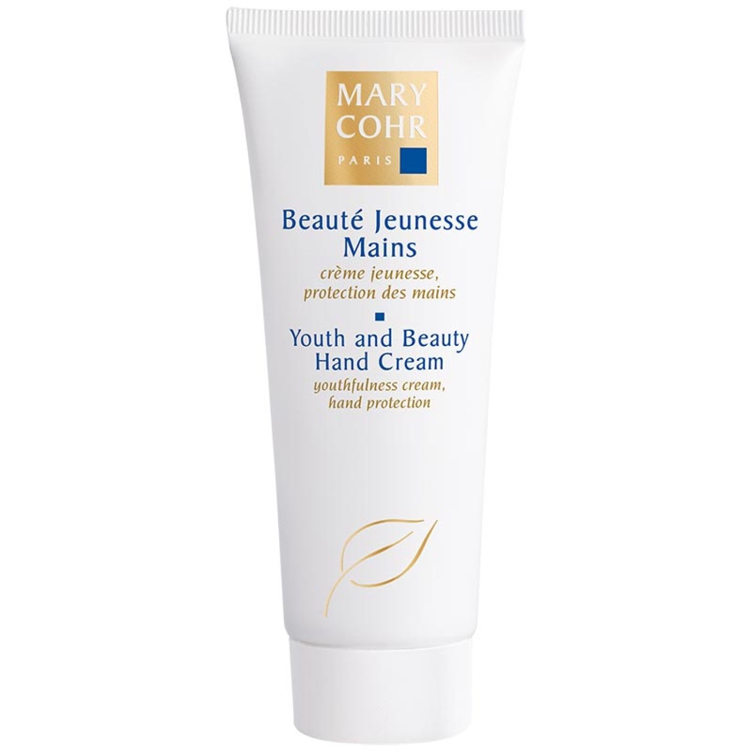 Weiße Tube mit Aufschrift "MARY COHR PARIS". Text: "Beauté Jeunesse Mains", "Youth and Beauty Hand Cream". Blatt-Logo. Creme für die Hände.