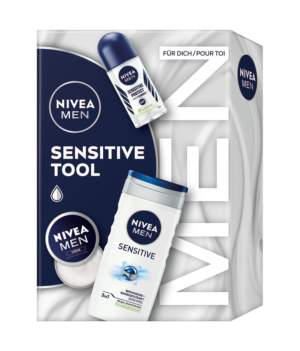 Geschenkset mit Duschgel, Roll-On und Creme. Produkte in weiß-blauer Verpackung. NIVEA MEN Sensitive Tool.