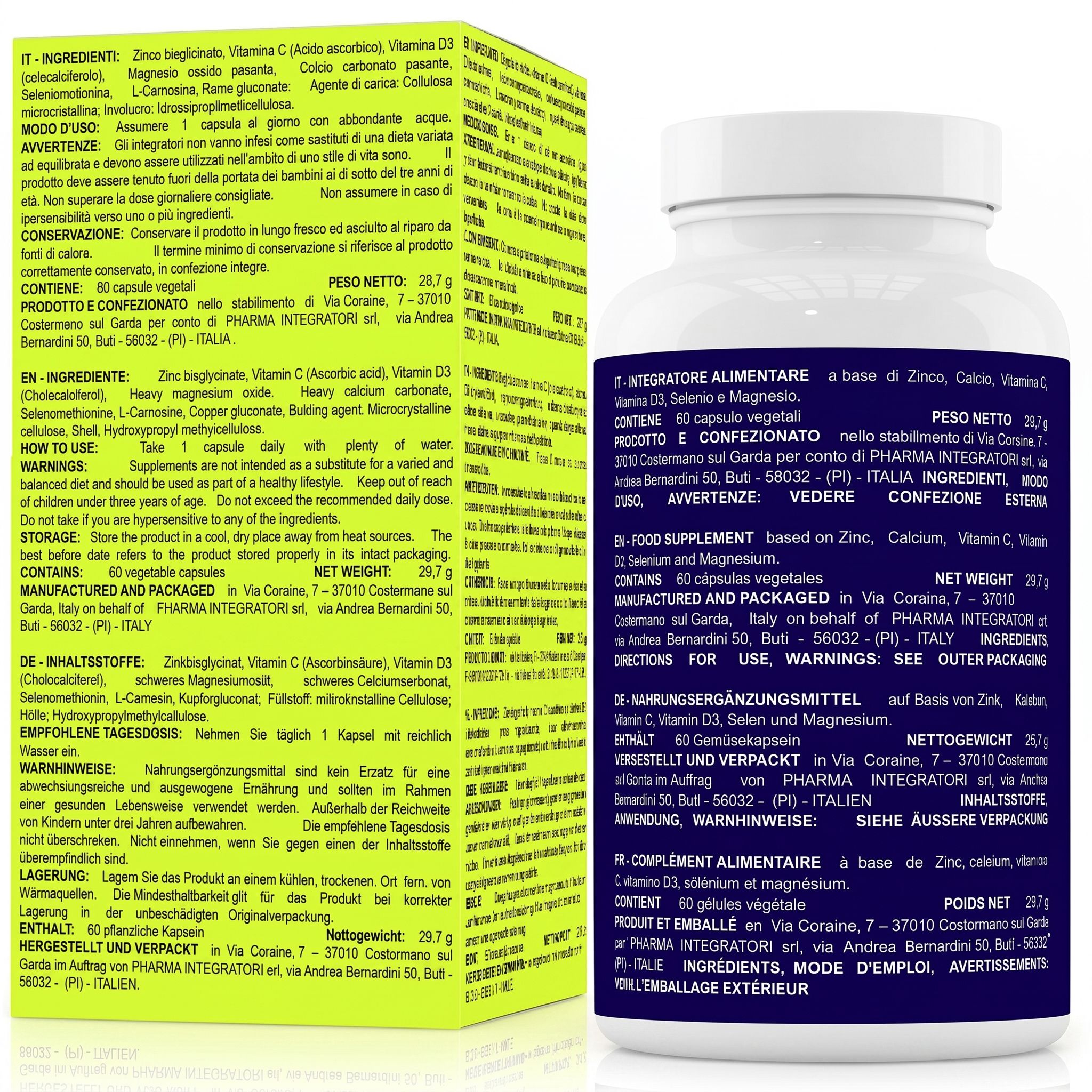 Flasche und Karton mit Zink Bisglicinato mit Magnesium, Vitamin C, Selen, Vitamin D3, Kupfer und Kalzium.