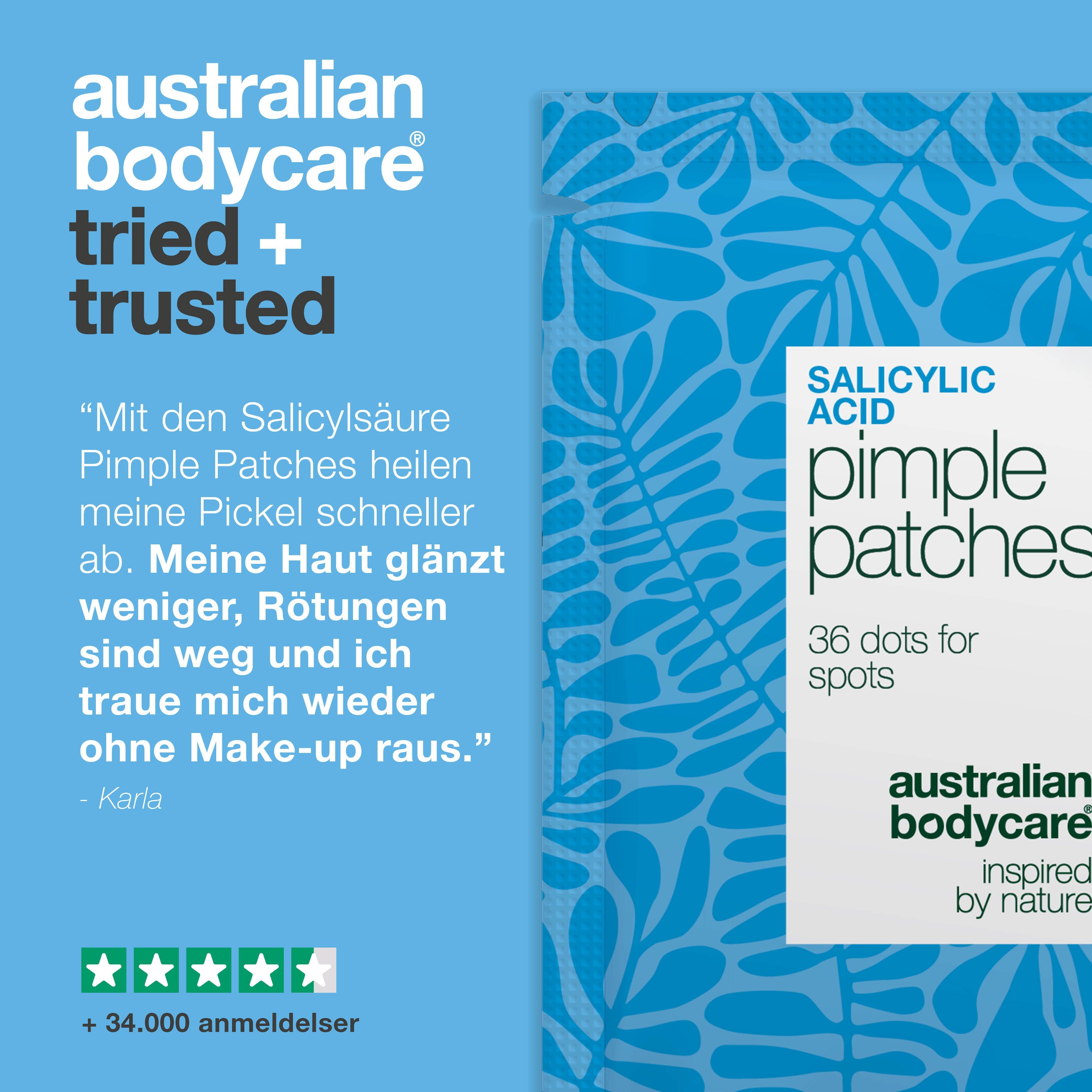 Australian Bodycare Salicylsäure Pimple Patches. Text und Illustrationen. 36 Punkte für Pickel.