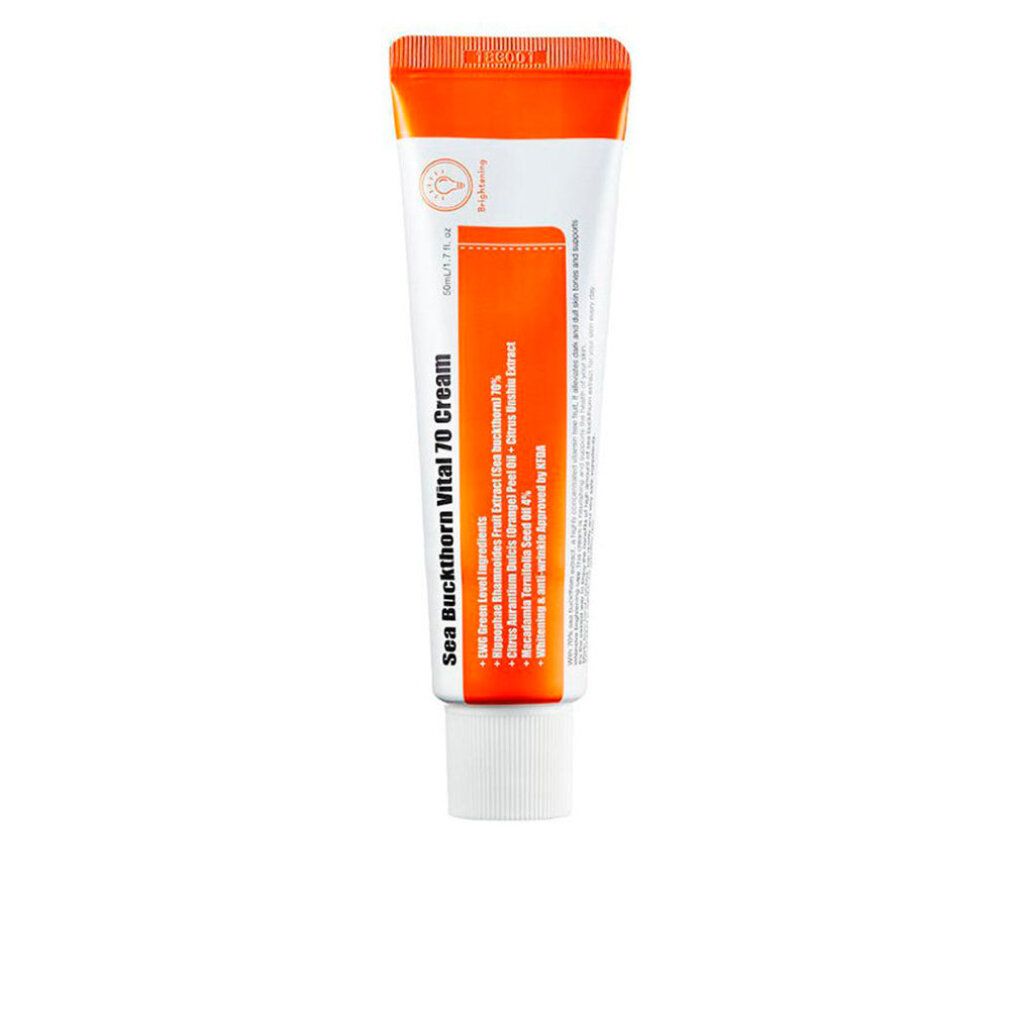 Creme-Tube mit orangefarbenem Deckel und Aufdruck. Produktname: Sea Buckthorn Vital 70 Cream. Marke: Purito.