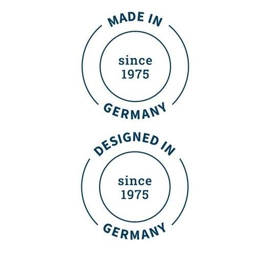 Zwei runde Siegel. Oben: 'Made in Germany since 1975'. Unten: 'Designed in Germany since 1975'.