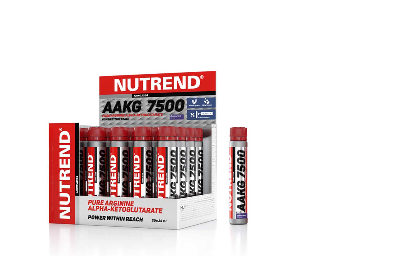 Produktpräsentation von Nutrend AAKG 7500. Rote Ampullen in einer weißen Box. Aufschrift AAKG 7500 und Nutrend. Einzelne Ampulle daneben.