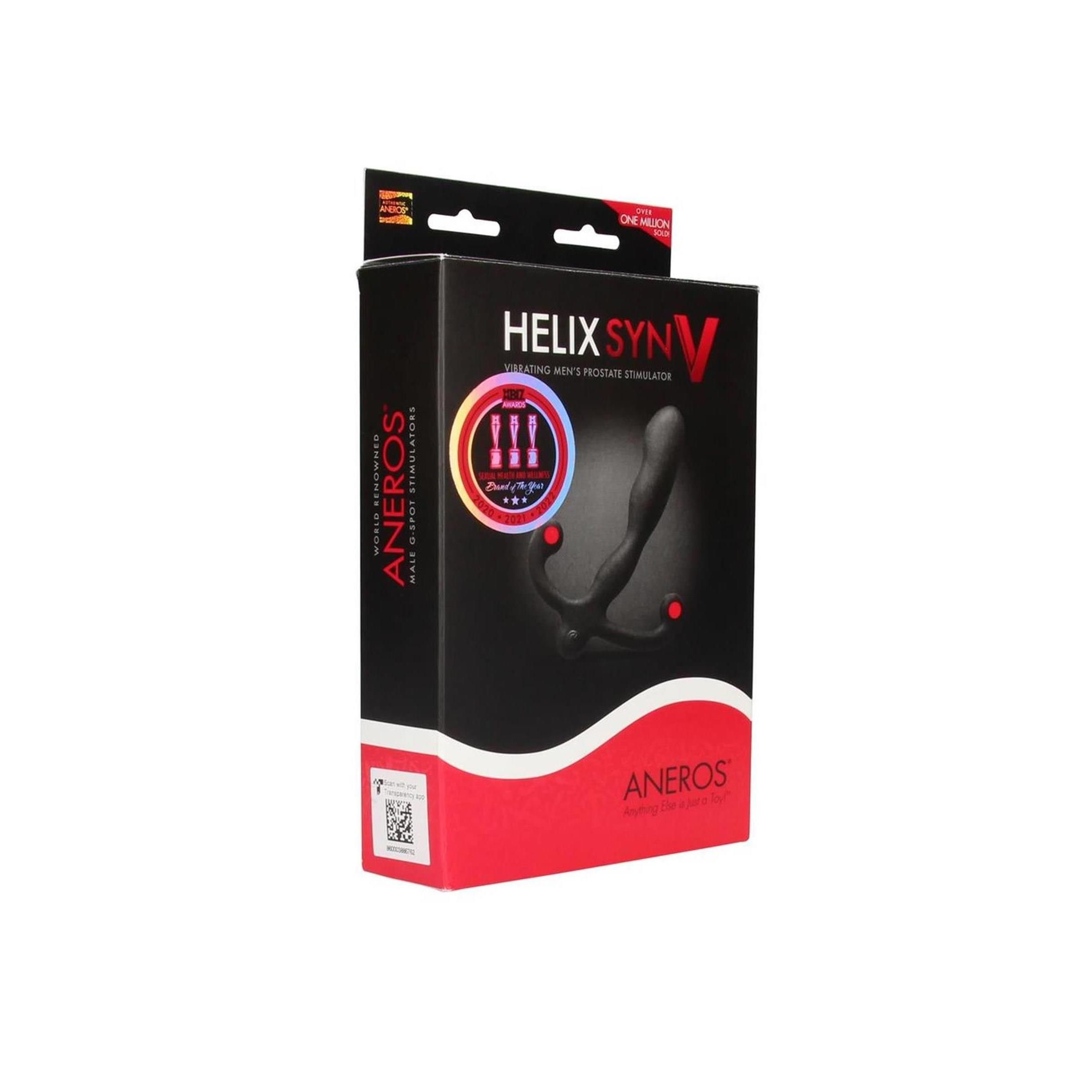 Schwarze Produktverpackung mit roter und schwarzer Schrift. Aufschrift: HELIX SYN V. Produktabbildung. Marke: Aneros.