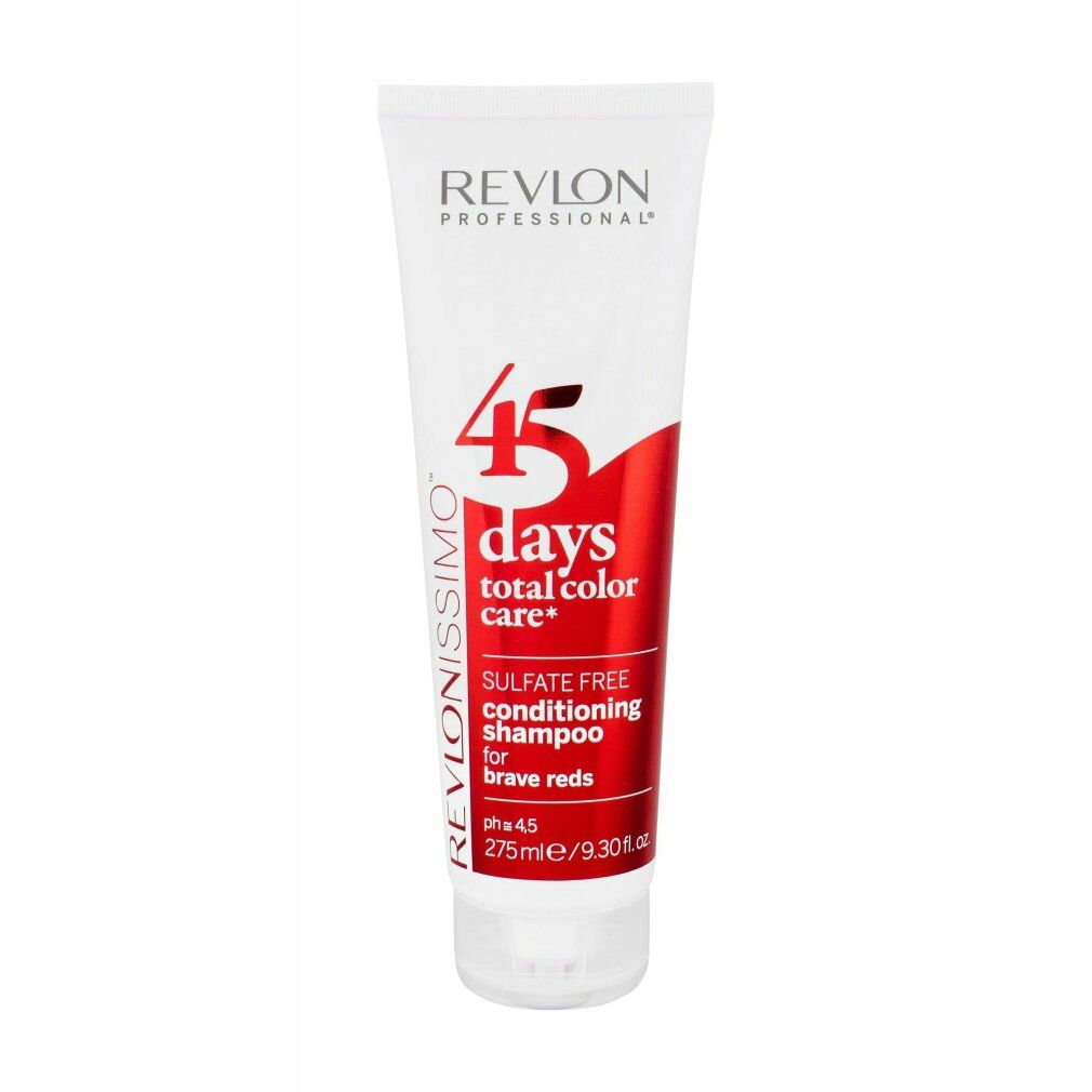 Revlon Revlonissimo 45 Days Shampoo. Weiße Tube mit roter Schrift. Enthält "Sulfate Free Conditioning Shampoo for brave reds".