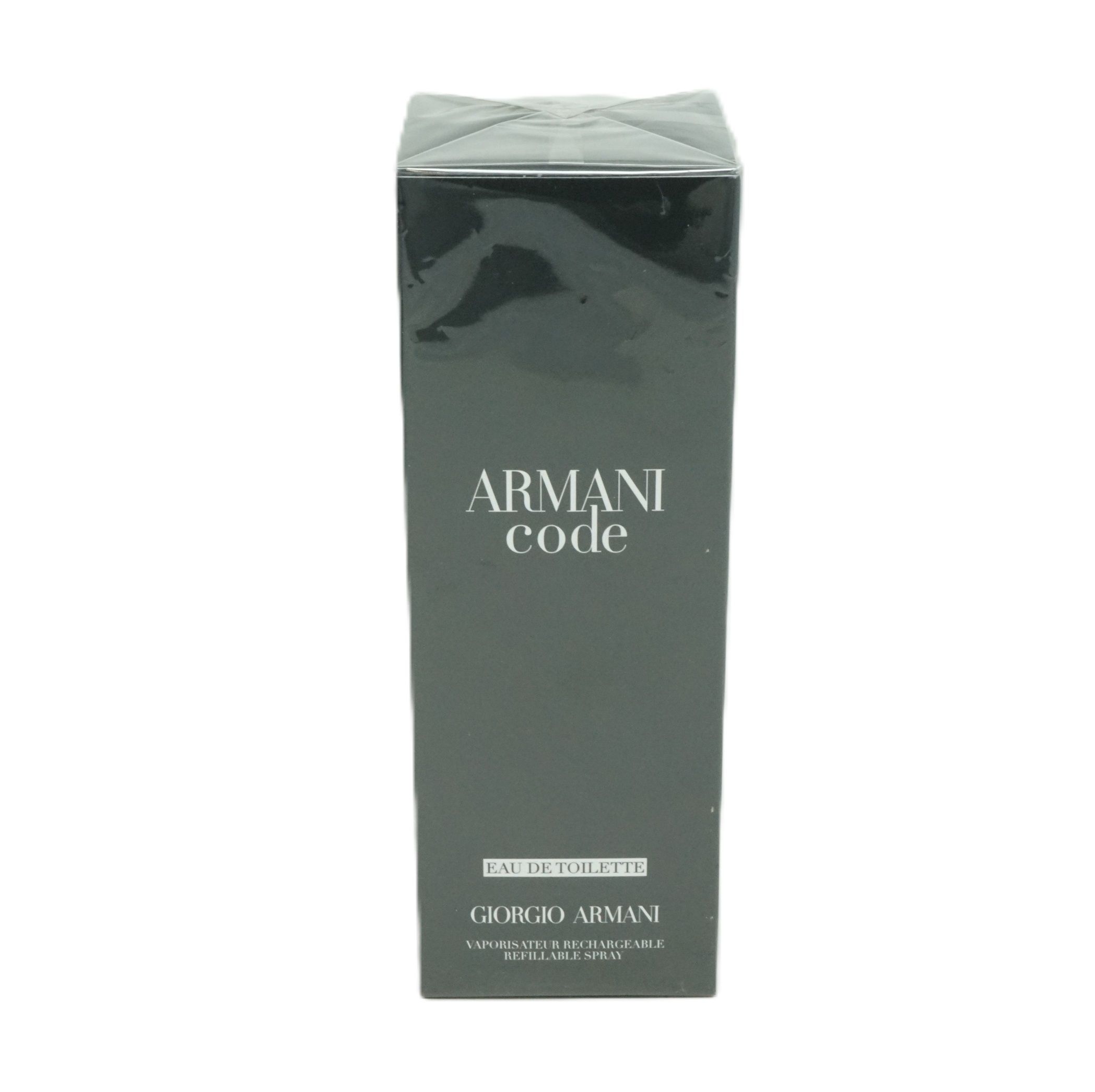 Dunkelgraue rechteckige Verpackung mit weißem Schriftzug "ARMANI CODE EAU DE TOILETTE" und "GIORGIO ARMANI".