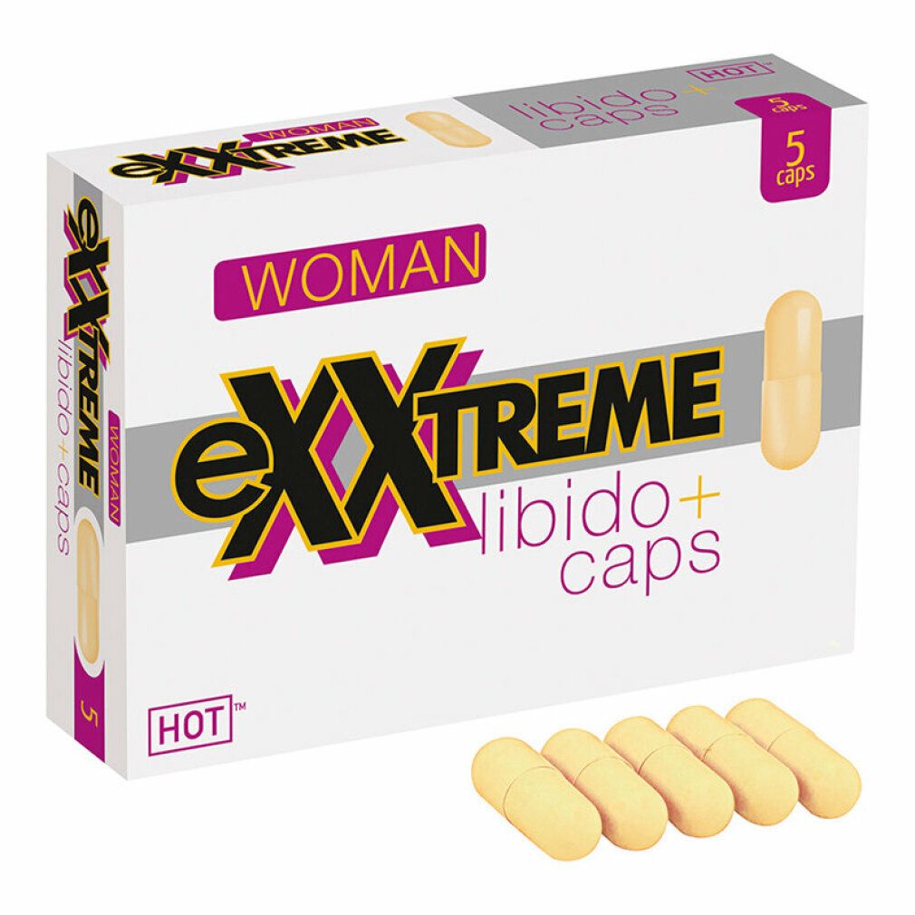 Weiße Schachtel mit eXXtreme, WOMAN, Libido+ caps und HOT. 5 Kapseln liegen daneben.