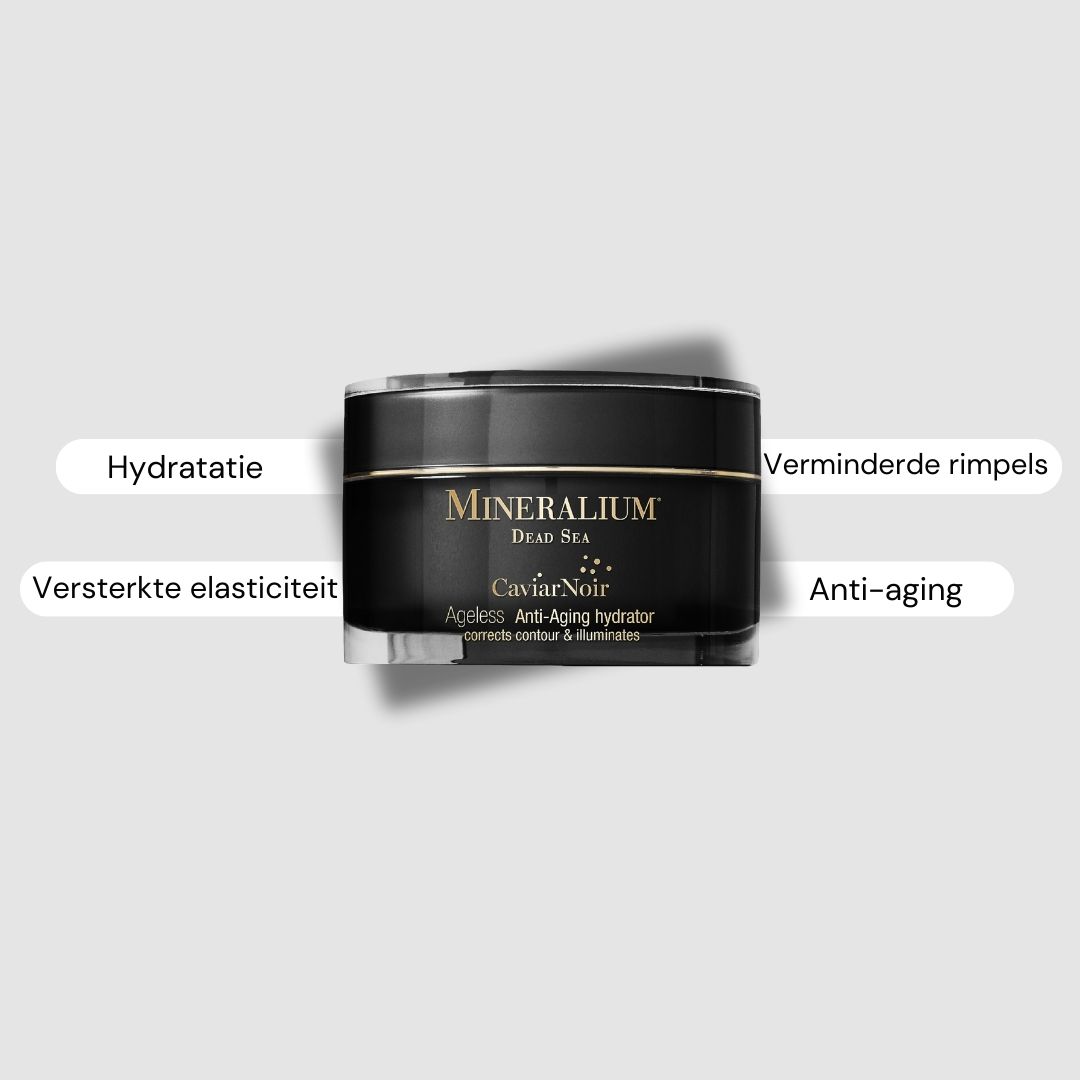 Zwarte pot met gouden deksel. Tekst: Mineralium, CaviarNoir, Anti-aging, Hydratatie, Versterkte elasticiteit.