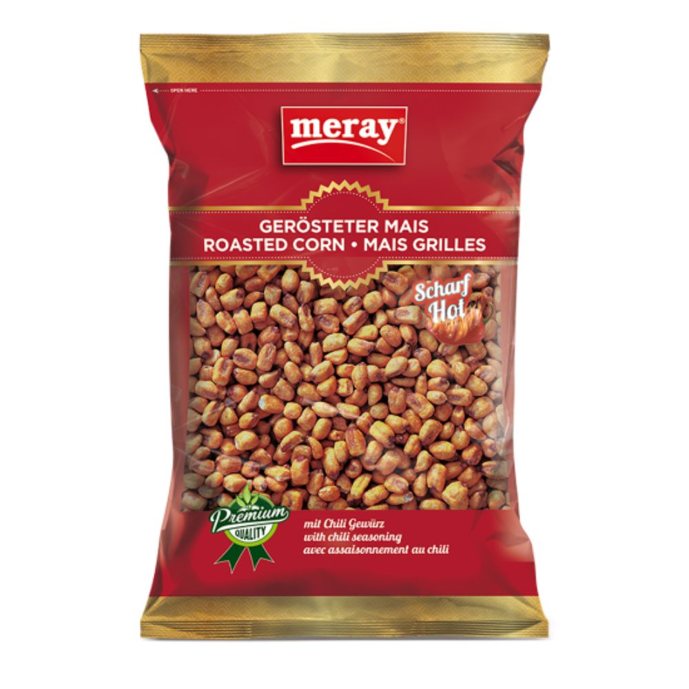 Verpackung mit geröstetem Mais. Text: "meray", "GERÖSTETER MAIS", "ROASTED CORN", "MAIS GRILLES", "Scharf Hot", "Premium".